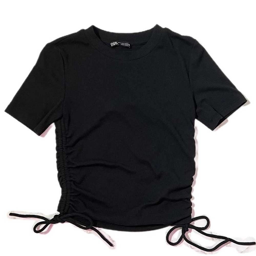 Zara Black Ribbed Side Tie Crop T Shirt